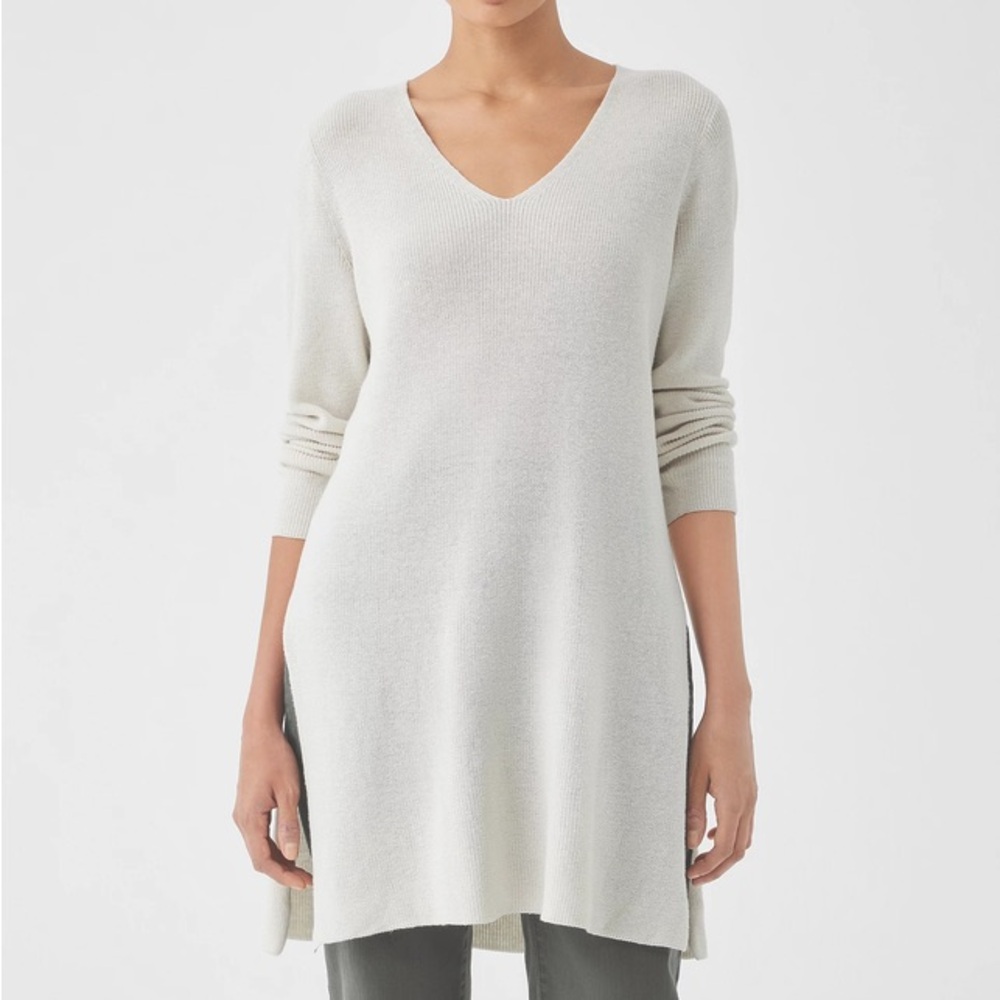 NWT Eileen Fisher Women's Cotton V Neck Tunic Sweater in Bone